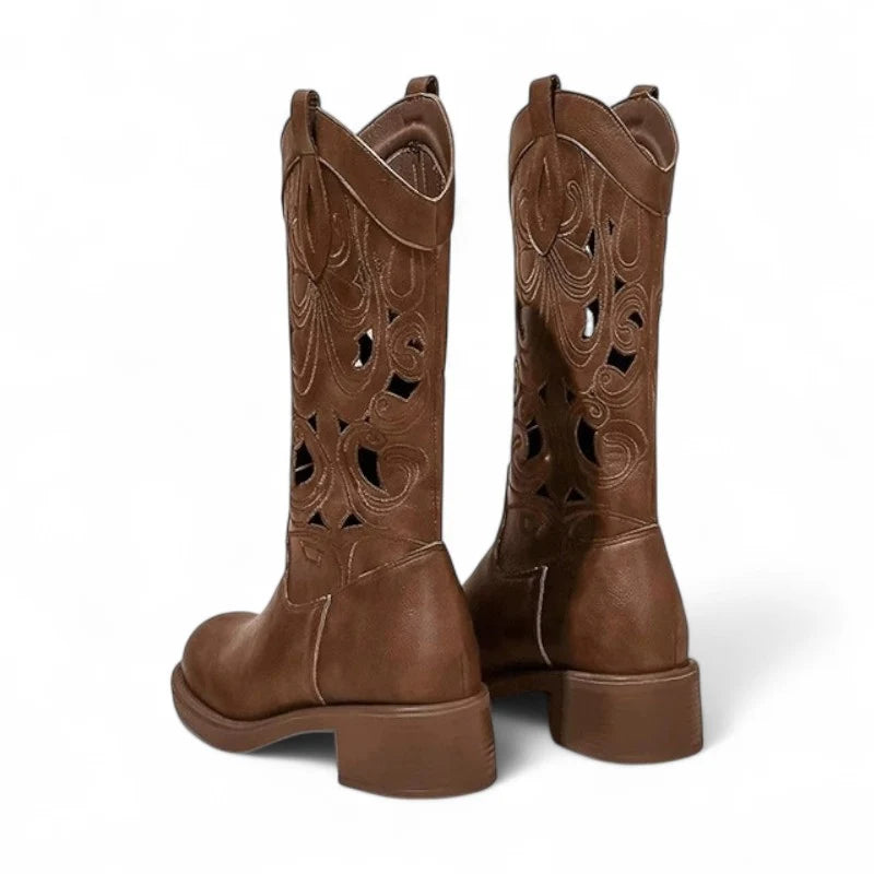 Amber - Santiag Marron Mi-Mollet Femme à Ouvertures Tendance