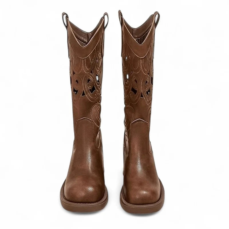 Amber - Santiag Marron Mi-Mollet Femme à Ouvertures Tendance