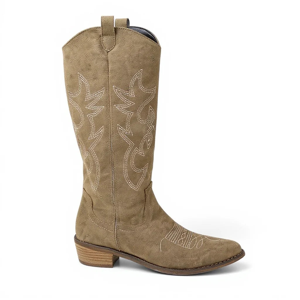 Ayane - Santiag Haute Élégante en Daim kaki, bottes femme hautes jusqu’au genou à bout pointu et talon moyen de 3 à 5 cm