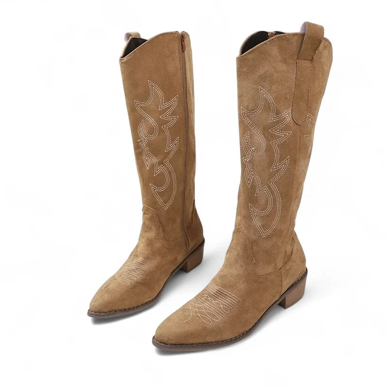 Ayane - Santiag Haute Élégante en Daim marron, bottes femme hautes jusqu’au genou à bout pointu et talon moyen de 3 à 5 cm