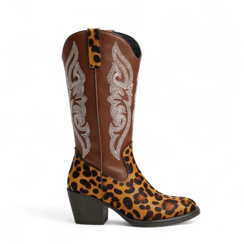 Bily - Santiag Brodée Style Léopard, bottes femme mi-mollet à imprimé léopard, bout rond et talon carré de 3 à 5 cm