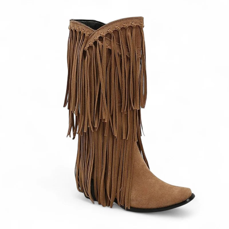 Chayka - Santiag Mi-Haute à Franges Style Cowboy couleur marron, bottes femme à franges avec talon bas et silhouette élégante