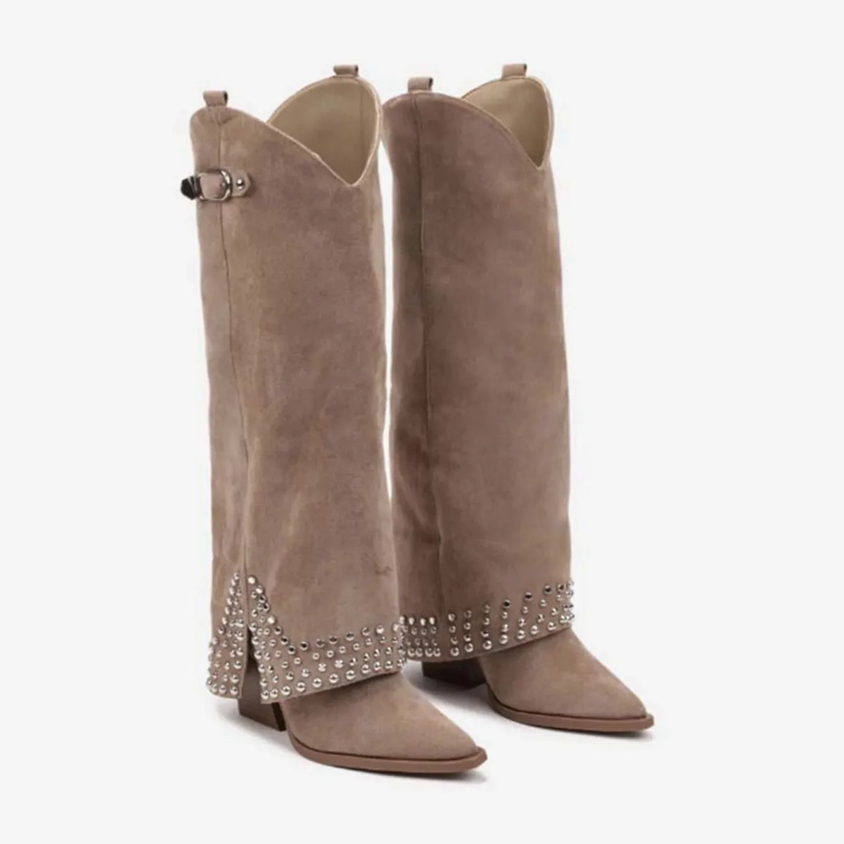 Cheryl - Santiag Longue à Talon et Rivets et Strass de couleur gris, bottes femme longues à bout pointu et talon carré pour une silhouette élégante, détails