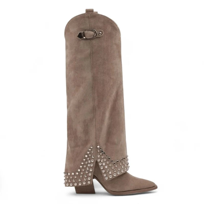 Cheryl - Santiag Longue à Talon et Rivets et Strass de couleur gris, bottes femme longues à bout pointu et talon carré pour une silhouette élégante