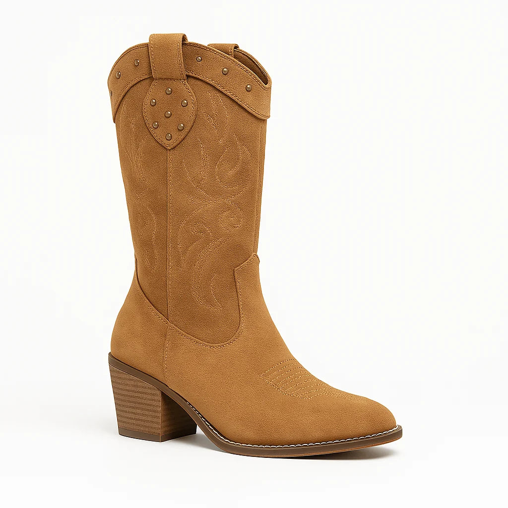 Féla - Santiag en Daim Style Cowboy Mi-Mollet, bottes femme mi-mollet en daim marron à bout pointu et talon moyen