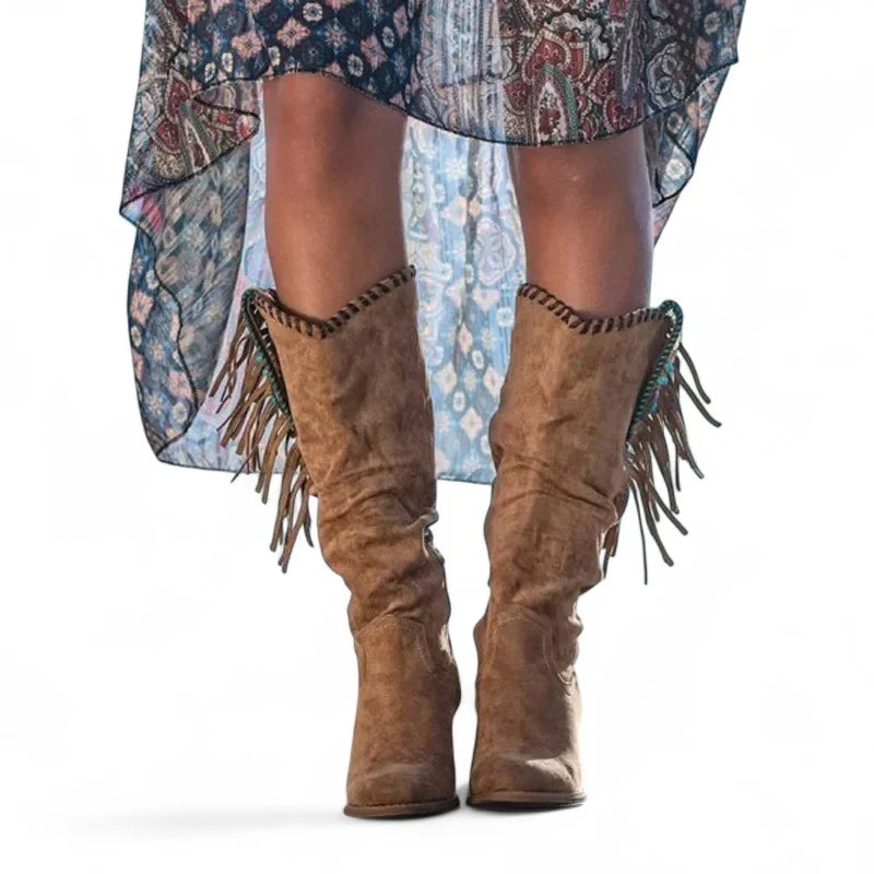 Haily - Santiag en Tissu à Franges marron, bottes femme hautes à bout pointu et talon carré pour une silhouette élégante et affirmée vue de face
