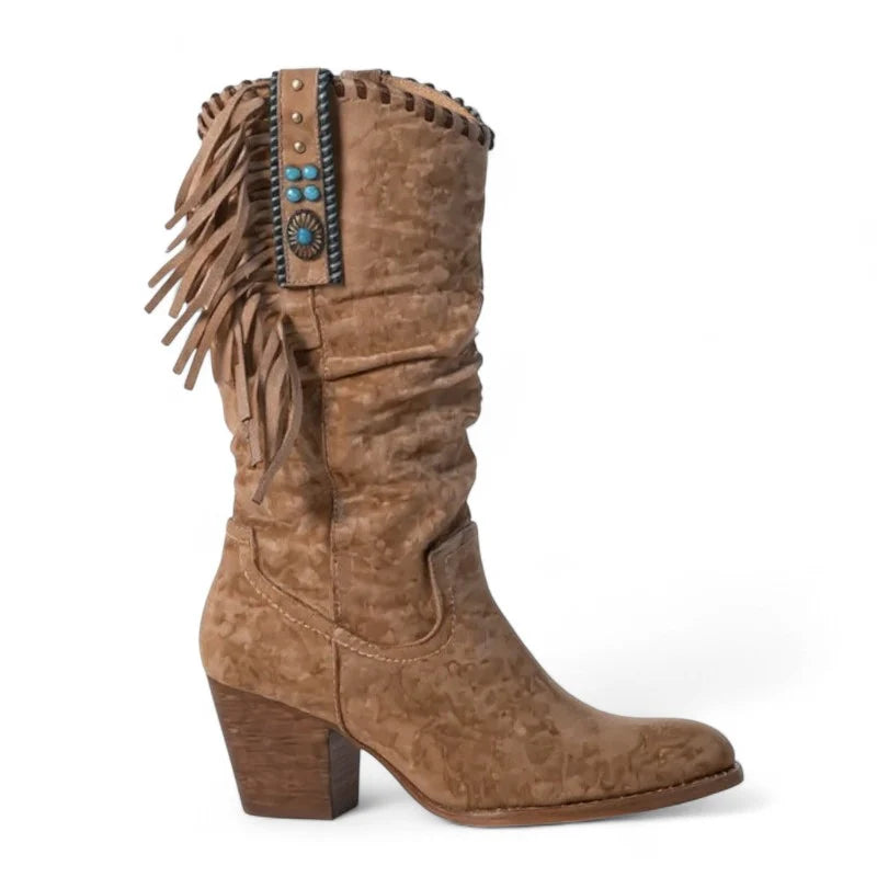 Haily - Santiag en Tissu à Franges marron, bottes femme hautes à bout pointu et talon carré pour une silhouette élégante et affirmée