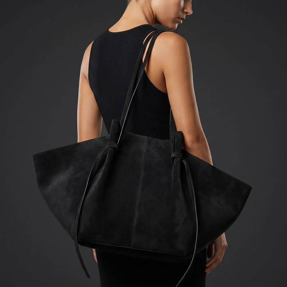 LALIE - Grand Sac Cabas Femme en Daim Couleur Noir pour Ordinateur 15 Pouces et Documents A4