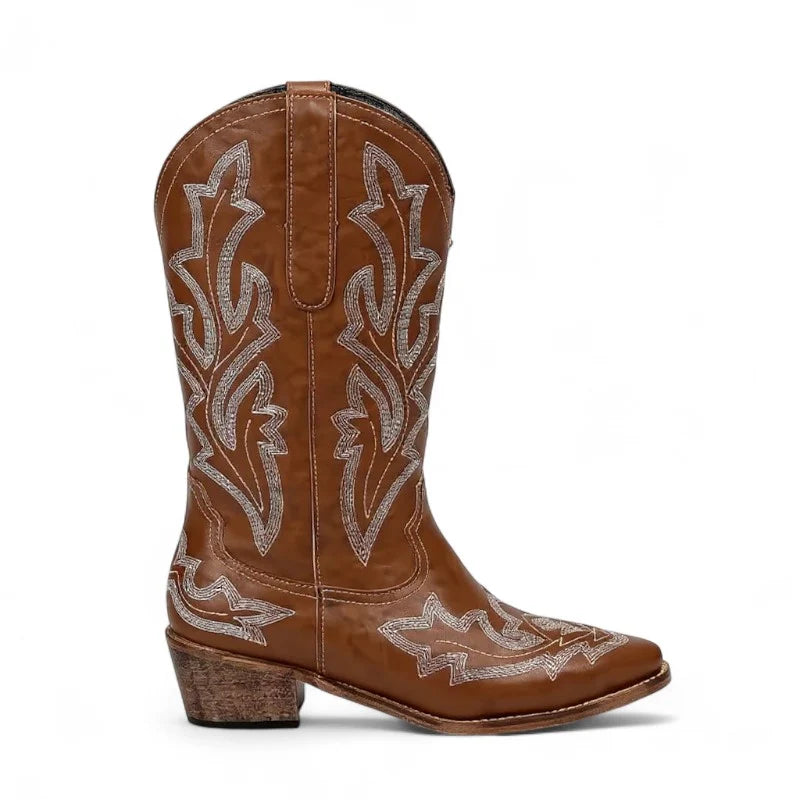 Lisy - Santiag en Cuir Lisse Doublée Mi-Mollet COULEUR MARRON, bottes femme à bout pointu, broderies élégantes et talon carré