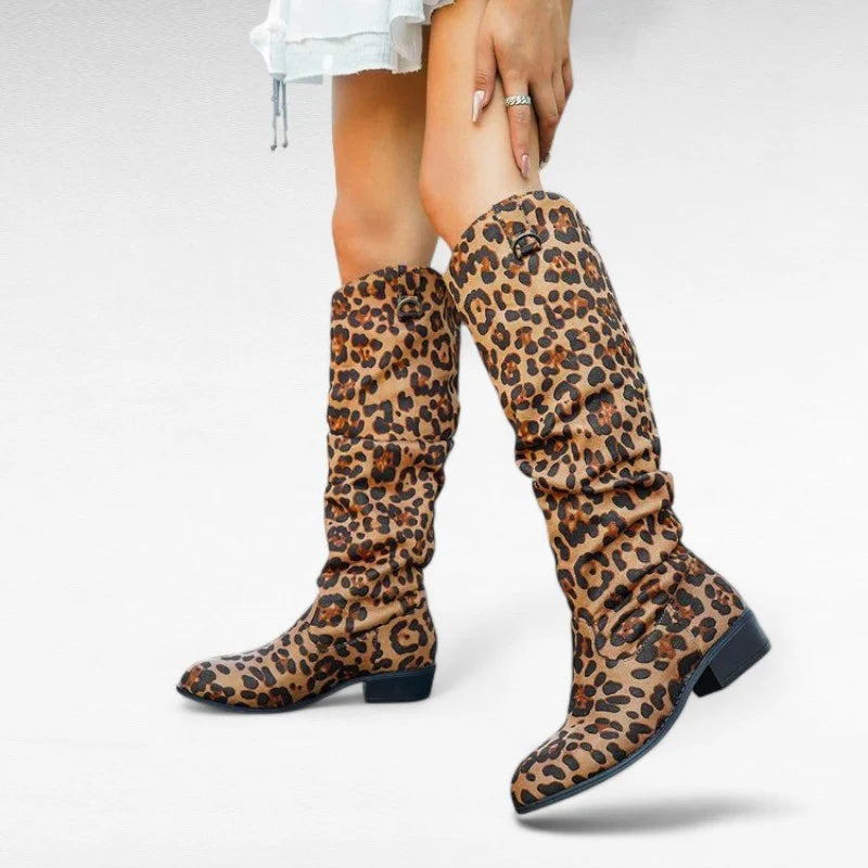 Loa - Santiag Haute Léopard pour Femme, bottes femme jusqu’au genou à imprimé léopard, bout pointu et talon 3-5 cm