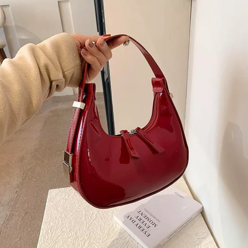 LUNEYA - Sac à Main Cuir Vernis Demi Lune Vintage