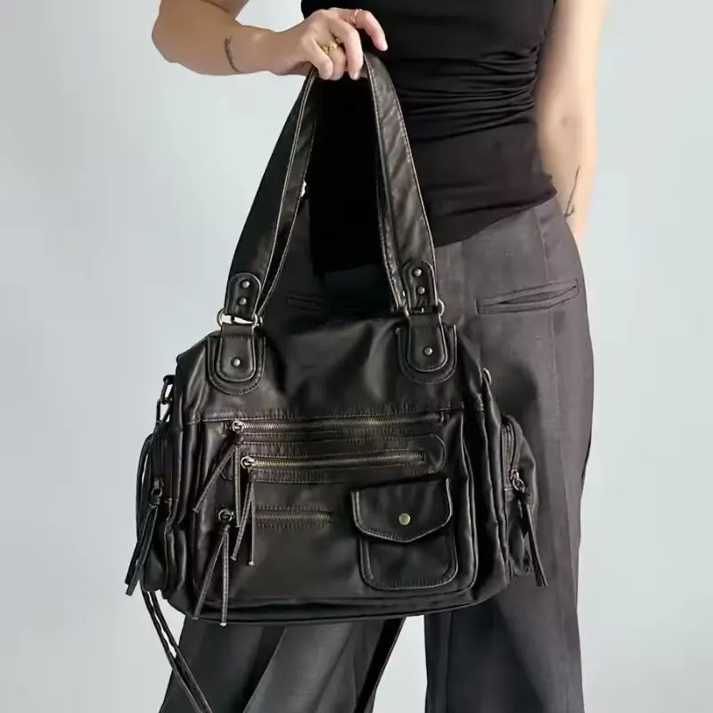 MELANIA - Sac à Main en Cuir Vintage à Poches Zipées noir Femme pour Ordinateur, Cahiers et Documents A4
