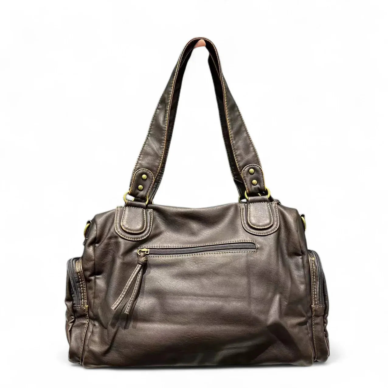 MELANIA - Sac à Main en Cuir Vintage à Poches Zipées Marron Femme pour Ordinateur vue de dos, Cahiers et Documents A4