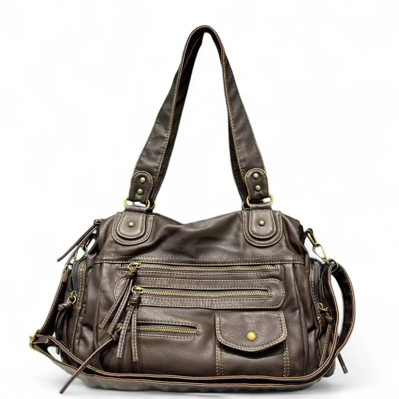 MELANIA - Sac à Main en Cuir Vintage à Poches Zipées Marron Femme pour Ordinateur, Cahiers et Documents A4