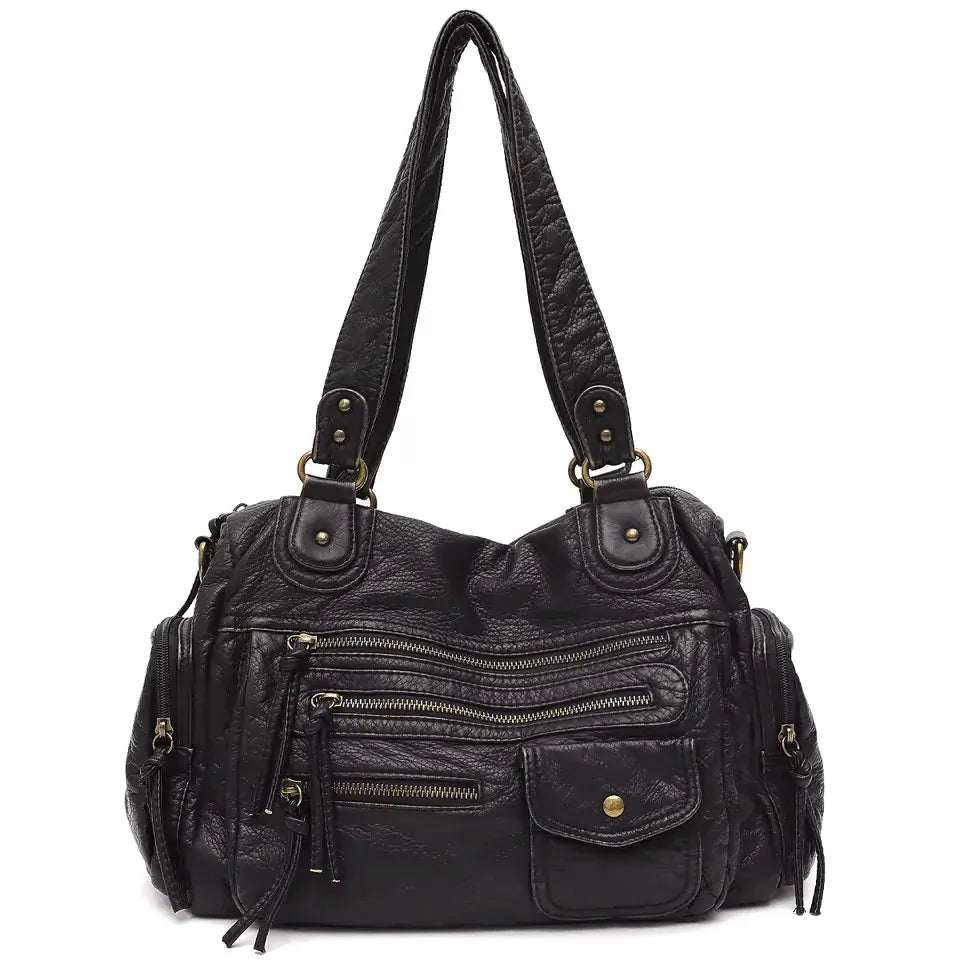 MELANIA - Sac à Main en Cuir Vintage à Poches Zipées Noir Femme pour Ordinateur, Cahiers et Documents A4