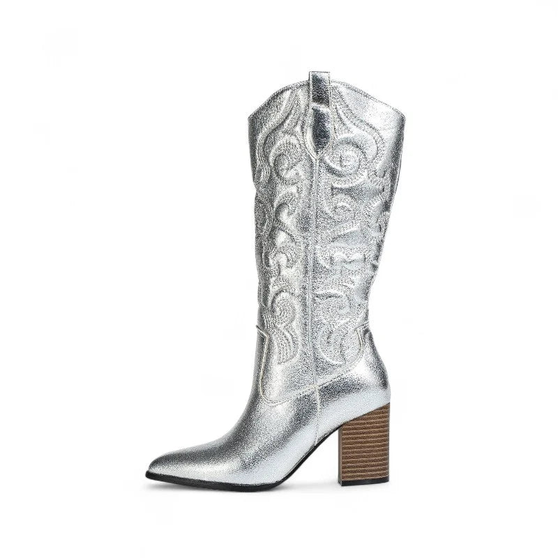 Melrow - Santiag Brodée Scintillante ARGENTE, bottes femme hautes jusqu’au genou avec broderies lumineuses, bout pointu et talon