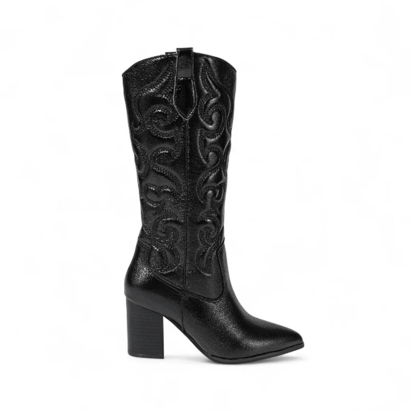 Melrow - Santiag Brodée Scintillante NOIRE, bottes femme hautes jusqu’au genou avec broderies lumineuses, bout pointu et talon