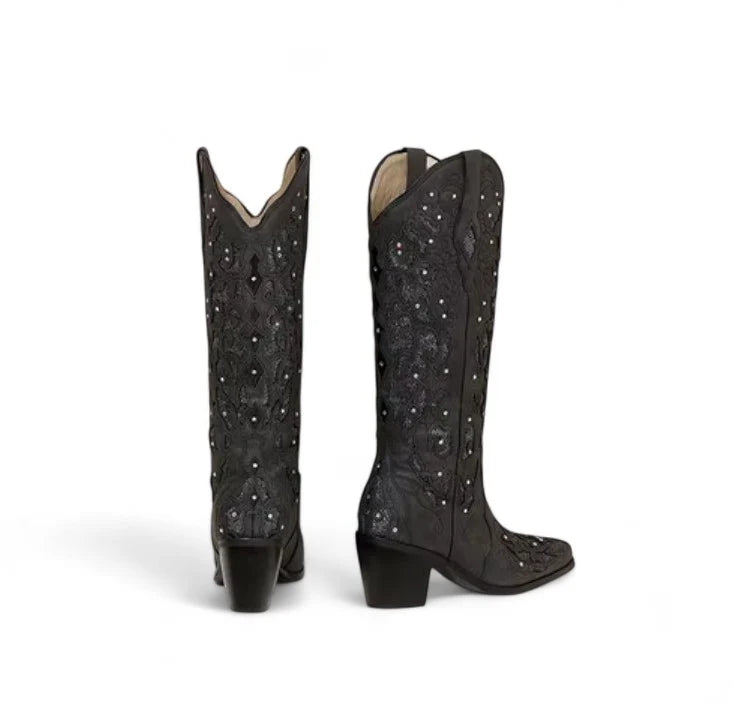 Mony - Santiag Cowboy Rétro pour Femme avec Cristaux Scintillants, bottes femme hautes à talon carré et détails floraux