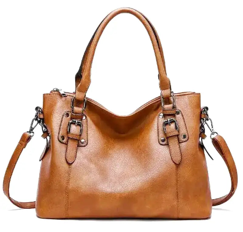 Sac à main grande capacité vintage en cuir souple MARRON avec bandoulière Noela, spacieux et authentique pour femme active