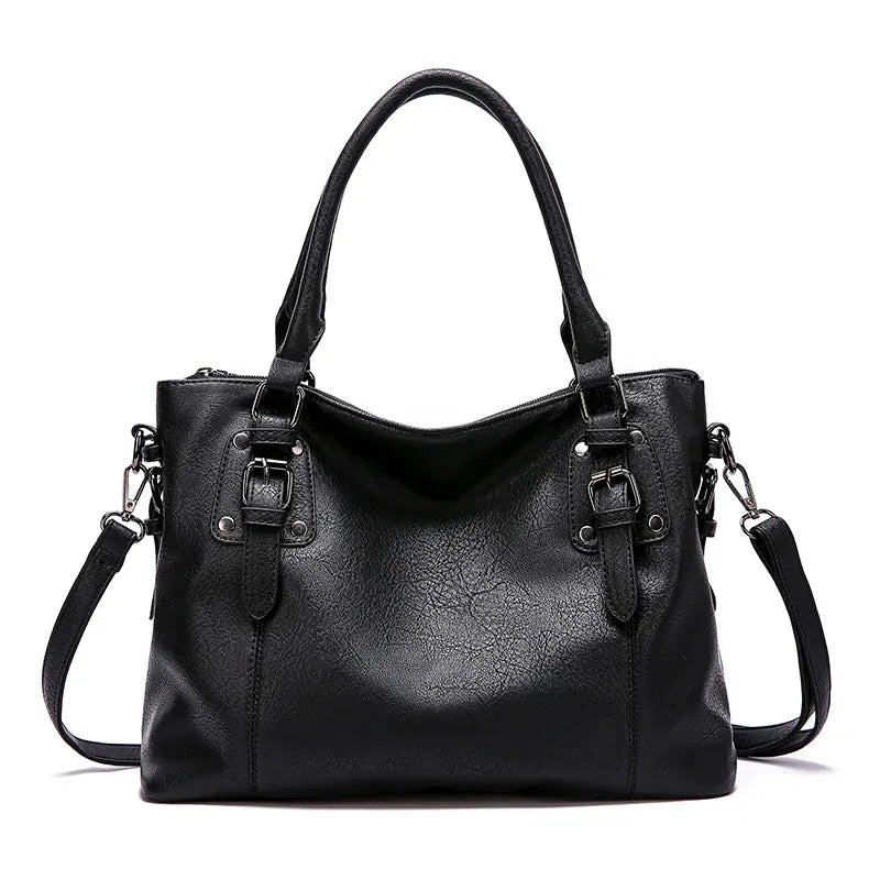 Sac à main grande capacité vintage en cuir souple NOIR avec bandoulière Noela, spacieux et authentique pour femme active
