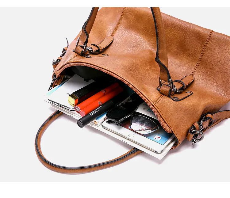 NOELA - Sac à Main Grande Capacité Vintage en Cuir Souple avec Bandoulière