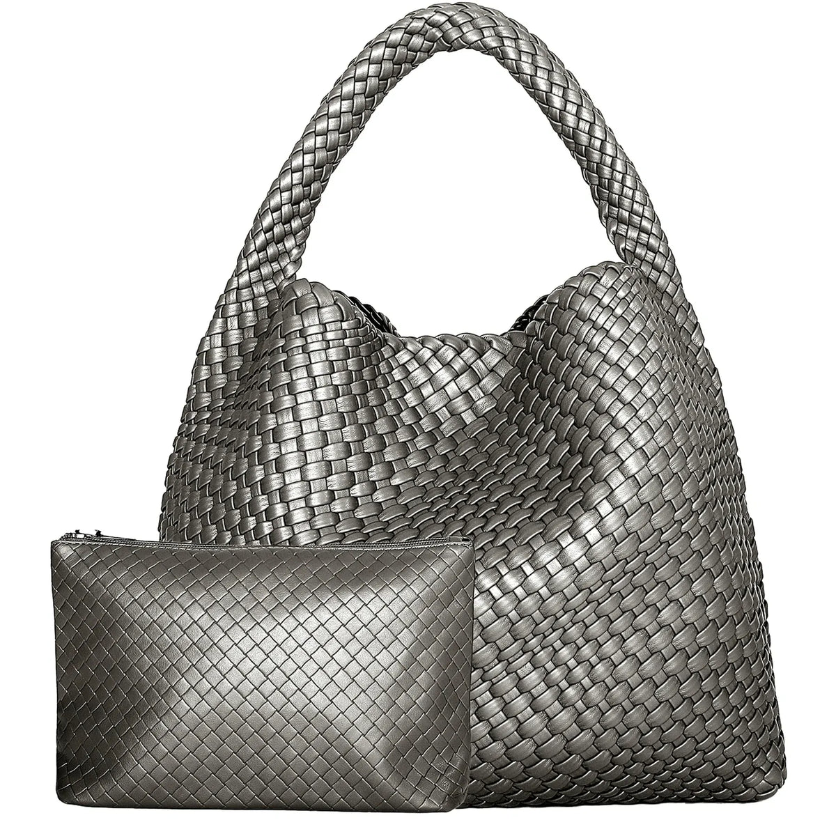 Perla - Sac à Main Femme Tressé avec sa Pochette Assortie Argenté, Grand Format pour Ordinateur 15 Pouces et Essentiels,