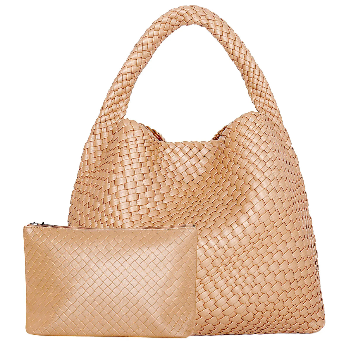 Perla - Sac à Main Femme Tressé avec sa Pochette Assortie Beige, Grand Format pour Ordinateur 15 Pouces et Essentiels,