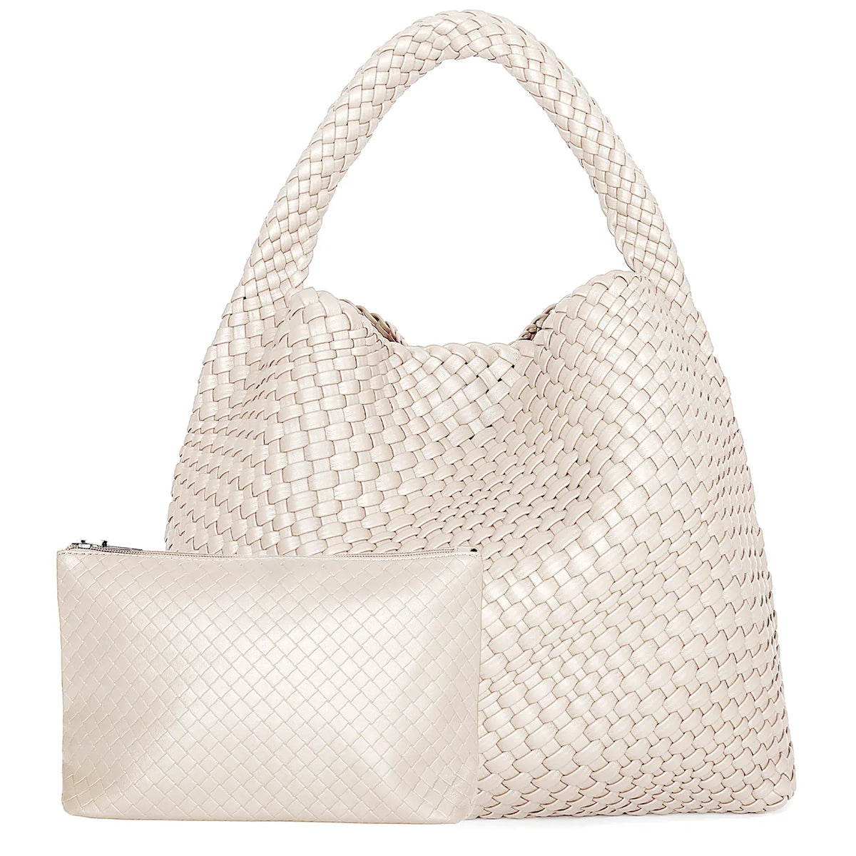 Perla - Sac à Main Femme Tressé avec sa Pochette Assortie Blanc, Grand Format pour Ordinateur 15 Pouces et Essentiels,