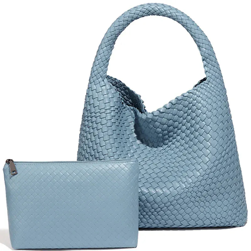 Perla - Sac à Main Femme Tressé avec sa Pochette Assortie BLEU Grand Format pour Ordinateur 15 Pouces et Essentiels,