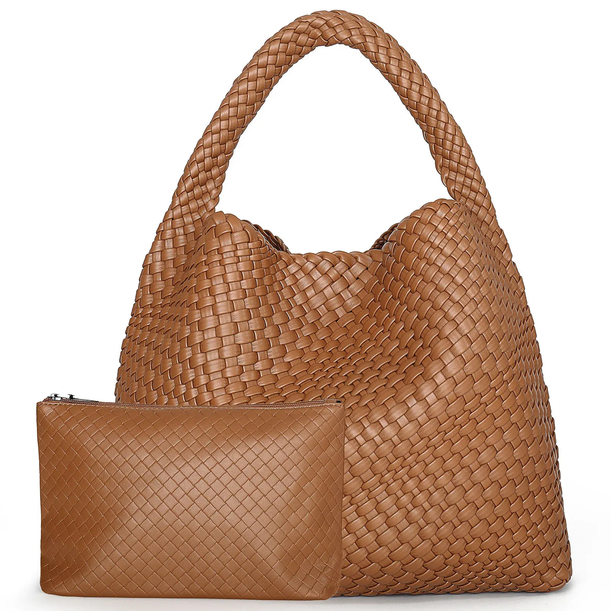 Perla - Sac à Main Femme Tressé avec sa Pochette Assortie MARRON, Grand Format pour Ordinateur 15 Pouces et Essentiels,