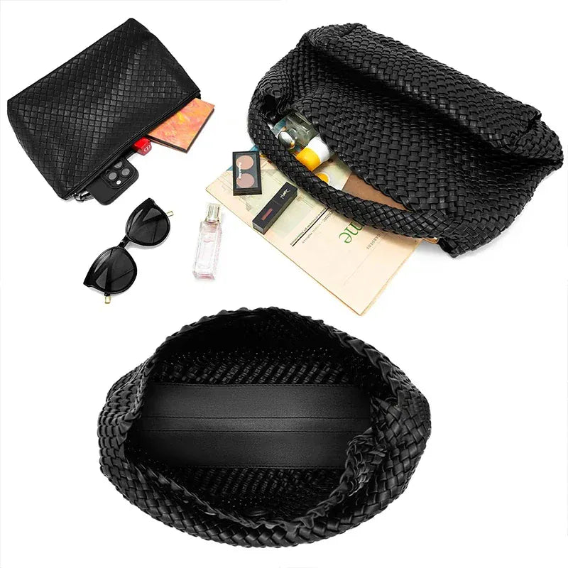 Perla - Sac à Main Femme Tressé avec sa Pochette Assortie NOIR, Grand Format pour Ordinateur 15 Pouces et Essentiels, vue intérieur