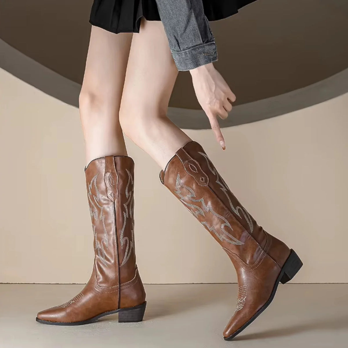 Quinn - Santiag Marron Femme Brodée à Talon
