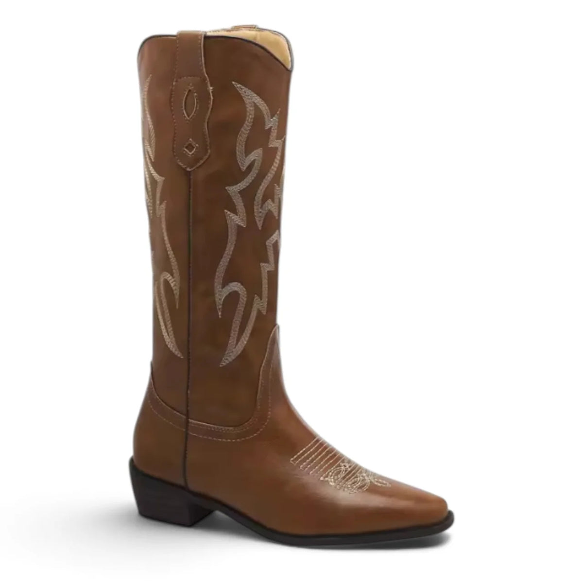 Quinn - Santiag Marron Femme Brodée à Talon, bottes femme mi-mollet en cuir vegan avec broderies, bout pointu et talon carré