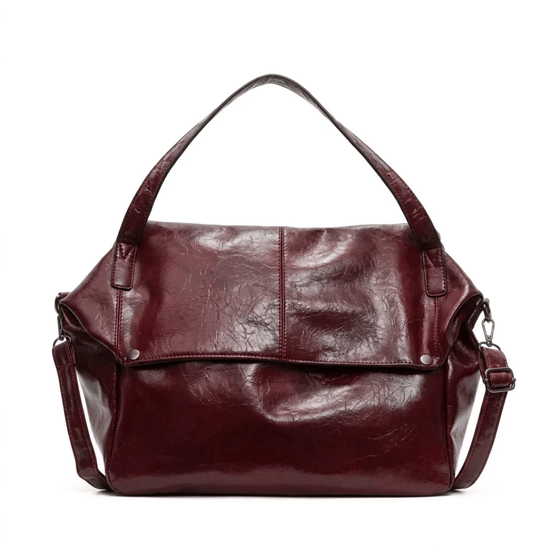 Sac à main de cours porté épaule brillant Sarena couleur bordeaux, cuir ciré souple et spacieux pour femme et étudiante