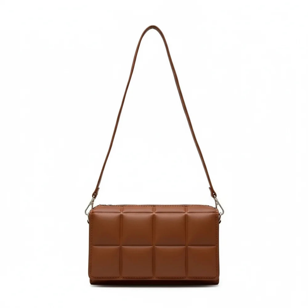 Valentine - Sac à Main Matelassé, petit sac bandoulière matelassé femme au design structuré et élégant, avec bandoulière ajustable, couleur marron