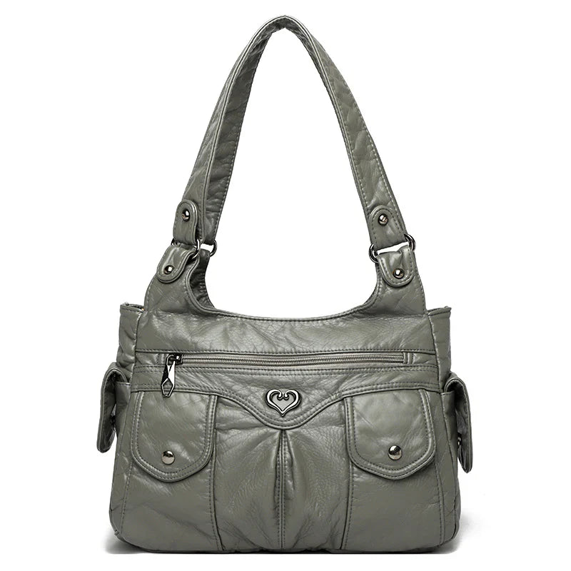 Grand sac à main femme VICTOIRE en cuir gris vegan élégant et structuré, spacieux et organisé, parfait pour transporter ordinateur, cahiers et essentiels avec style et praticité.