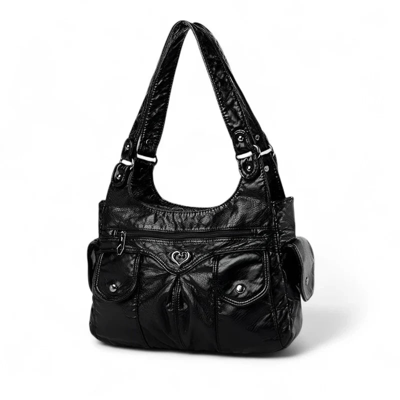 Grand sac à main femme VICTOIRE en cuir noir vegan élégant et structuré, spacieux et organisé, parfait pour transporter ordinateur, cahiers et essentiels avec style et praticité.