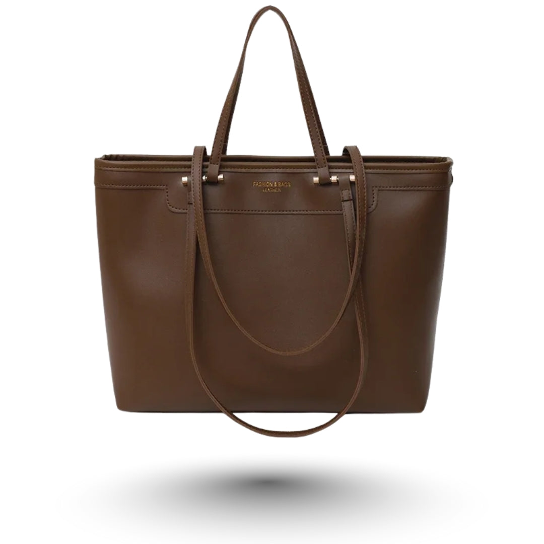 ZOE – Grand sac à main en cuir végan café, chic et spacieux, idéal pour étudiantes et actives.
