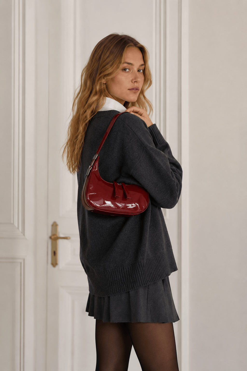 LUNEYA - Sac Demi Lune Cuir Vernis
