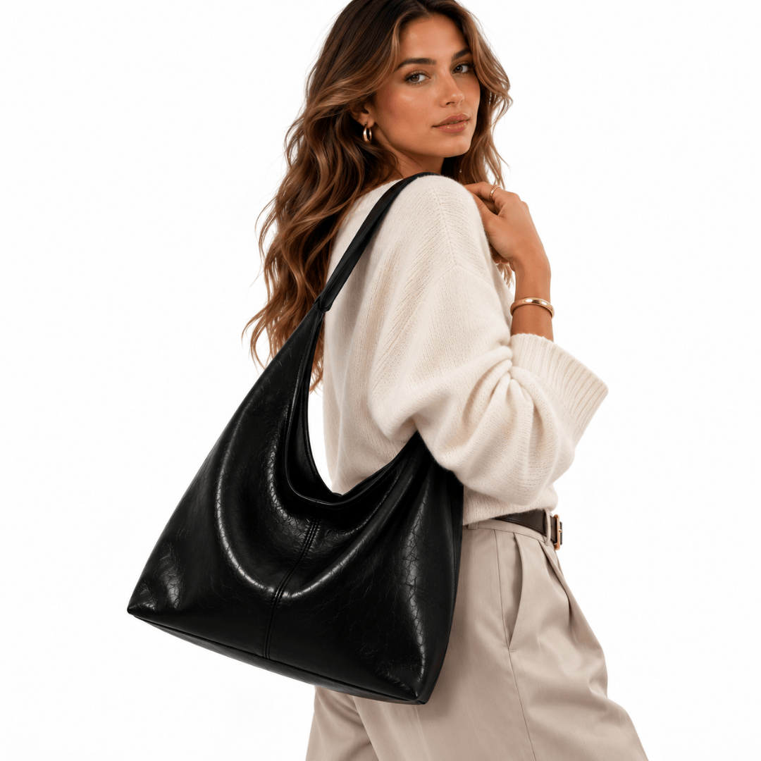 JENNA grand sac à main femme fourre-tout en cuir chic noir porté épaule
