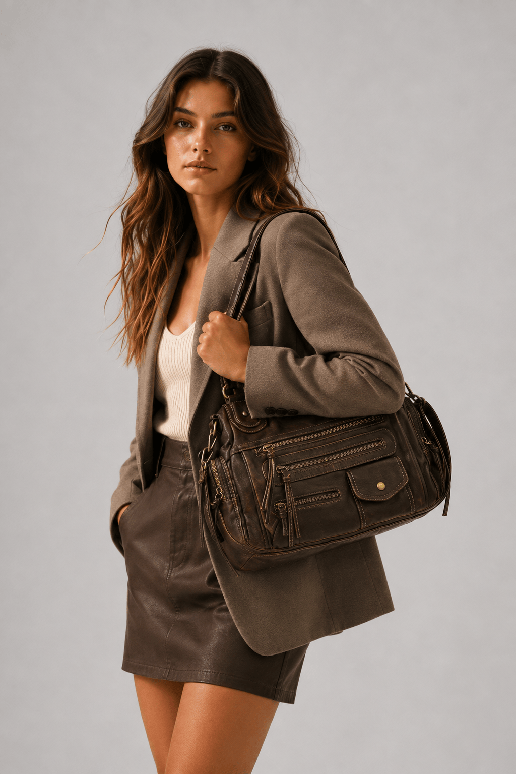 MELANIA - Sac à Main en Cuir Vintage à Poches Zippées
