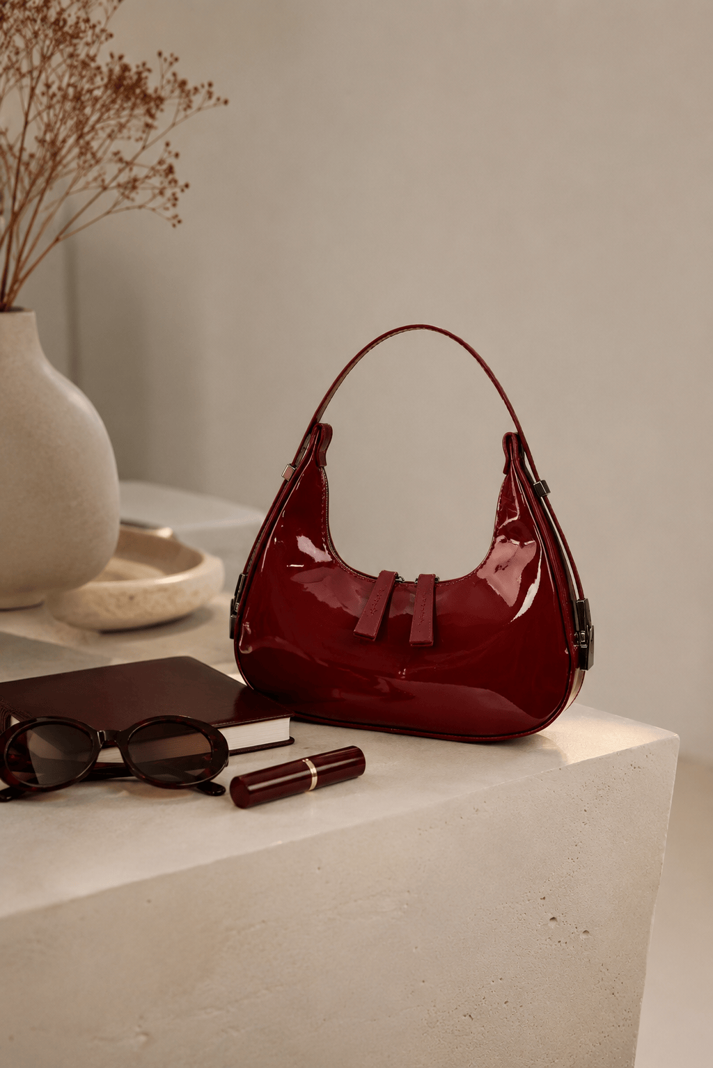LUNEYA - Sac Demi Lune Cuir Vernis