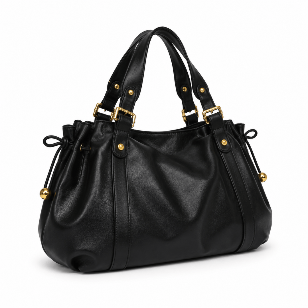 Sac à main bowling femme ELAE en cuir  Noir avec détails et finitions dorées coté