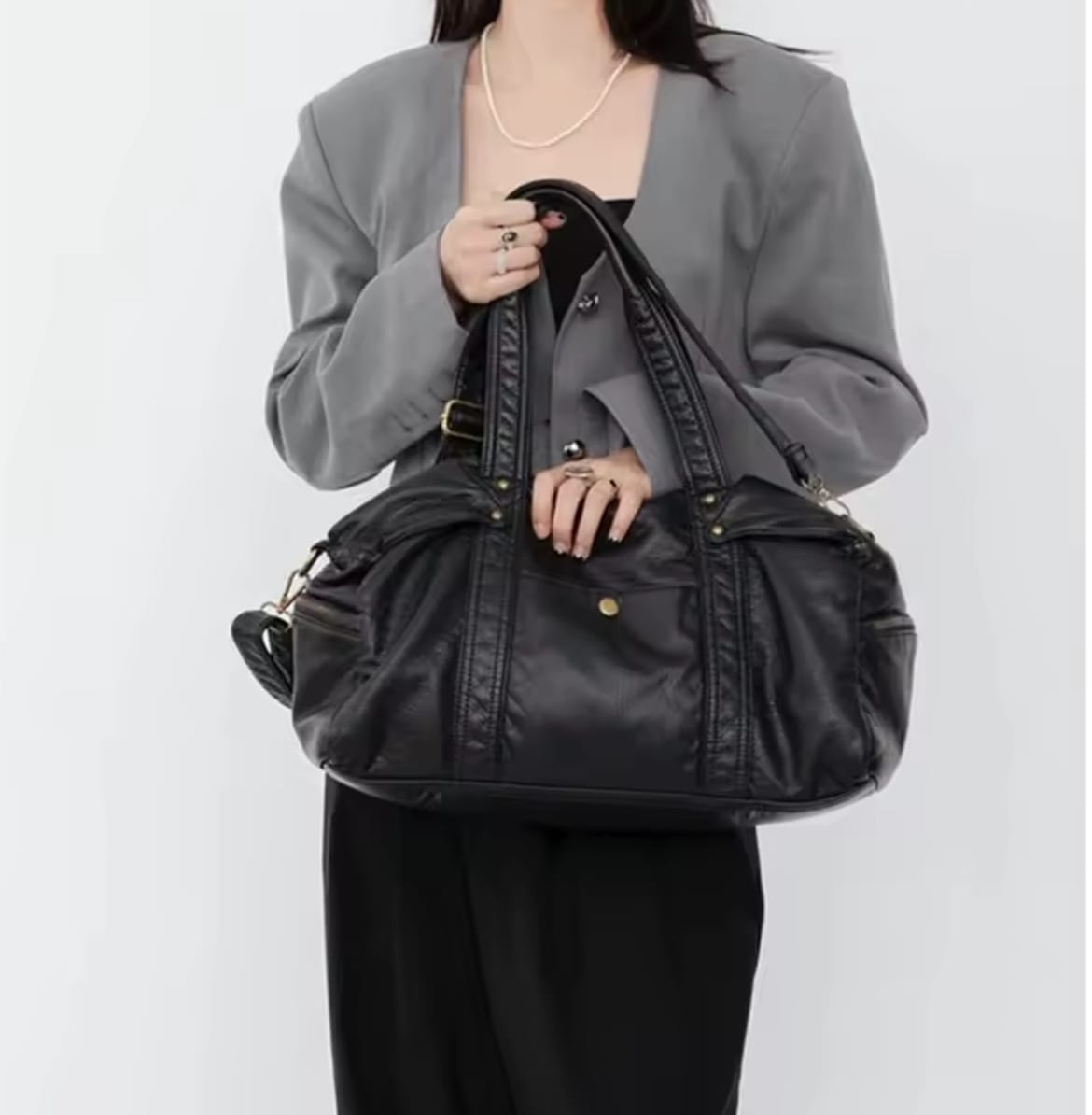 Givy - Sac Bowling Vintage Femme Noir à Effet Vieilli, Grand Format pour Ordinateur 15 Pouces et Essentiels