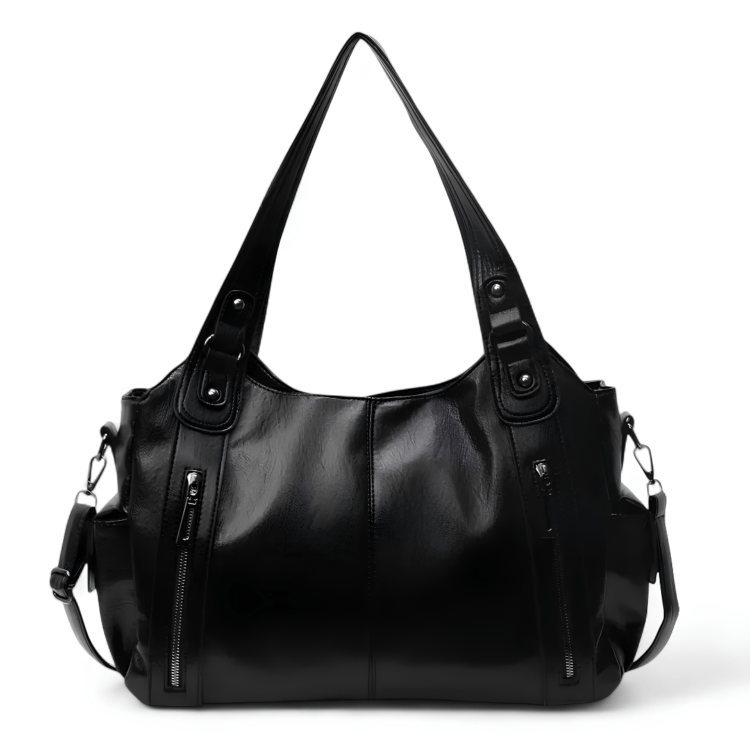 alba sac à main de cours en  cuir noir vegan avec poches zippées 