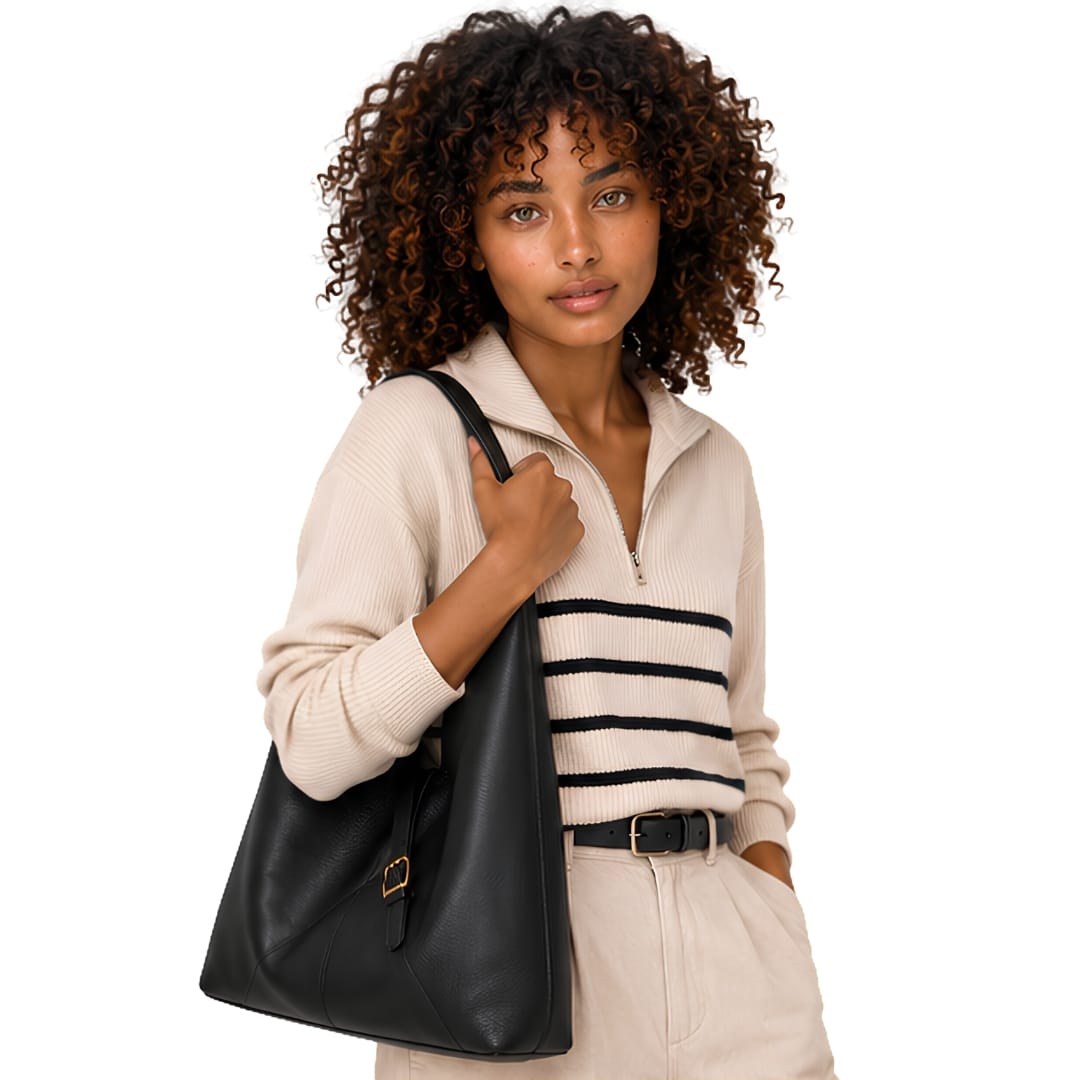 ALICIA – Grand sac cuir vegan souple noir, spacieux et élégant pour ordinateur et cahiers porté épaule