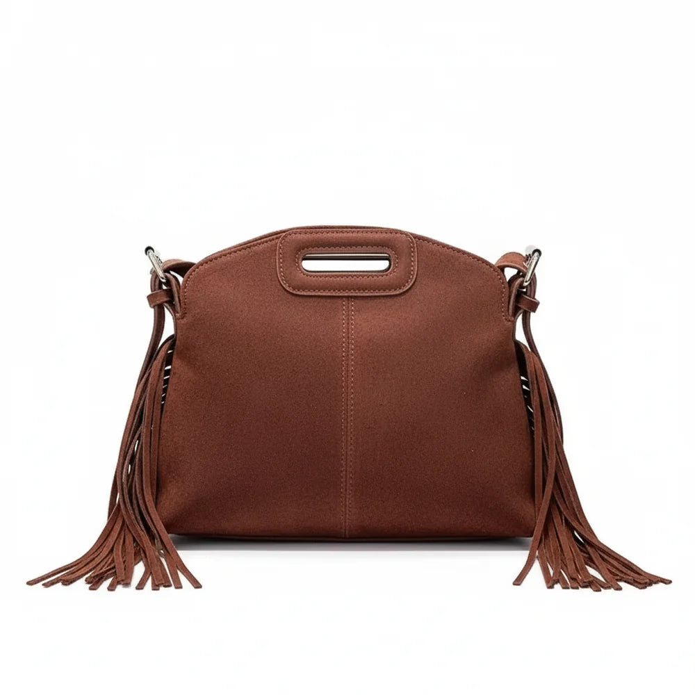 Aline - Sac à Main à Franges, sac femme élégant avec franges latérales, format compact et porté main ou bandoulière, couleur marron foncé