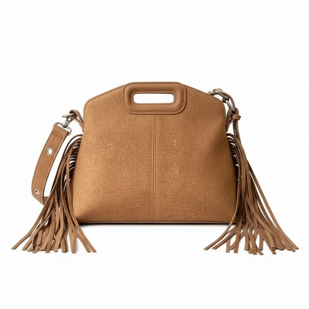 Aline - Sac à Main à Franges, sac femme élégant avec franges latérales, format compact et porté main ou bandoulière, couleur marron 