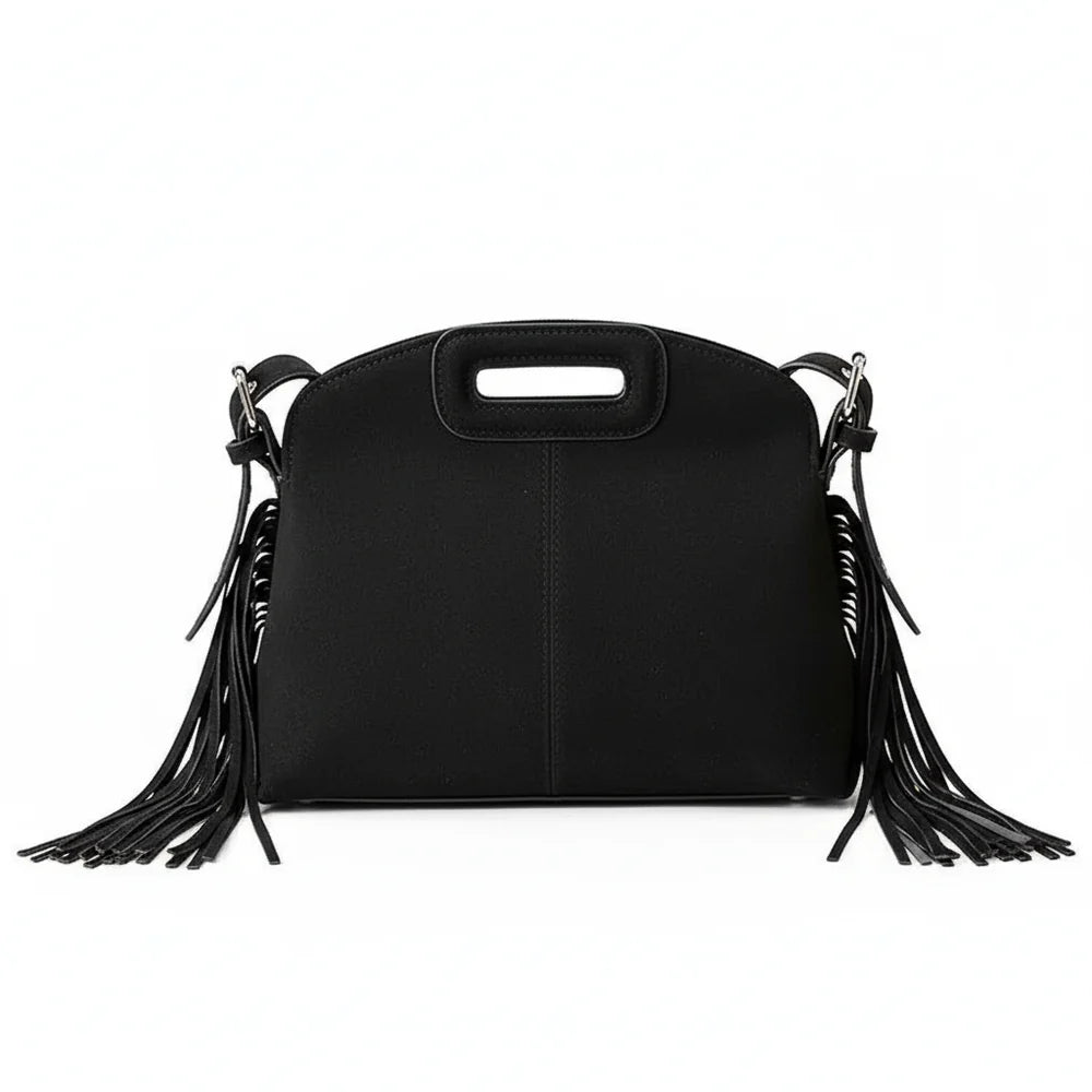 Aline - Sac à Main à Franges, sac femme élégant avec franges latérales, format compact et porté main ou bandoulière, couleur noir
