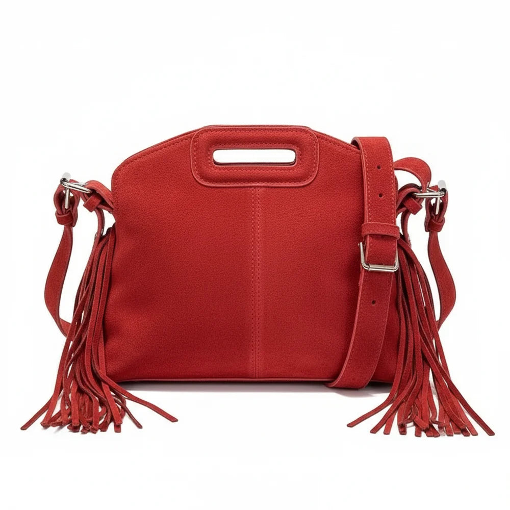 Aline - Sac à Main à Franges, sac femme élégant avec franges latérales, format compact et porté main ou bandoulière, couleur rouge